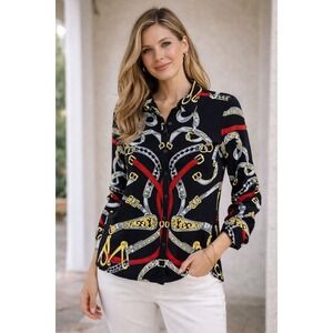 J McLaughlin Catalina Cloth Equestrian Chain Print Button Front Top XS